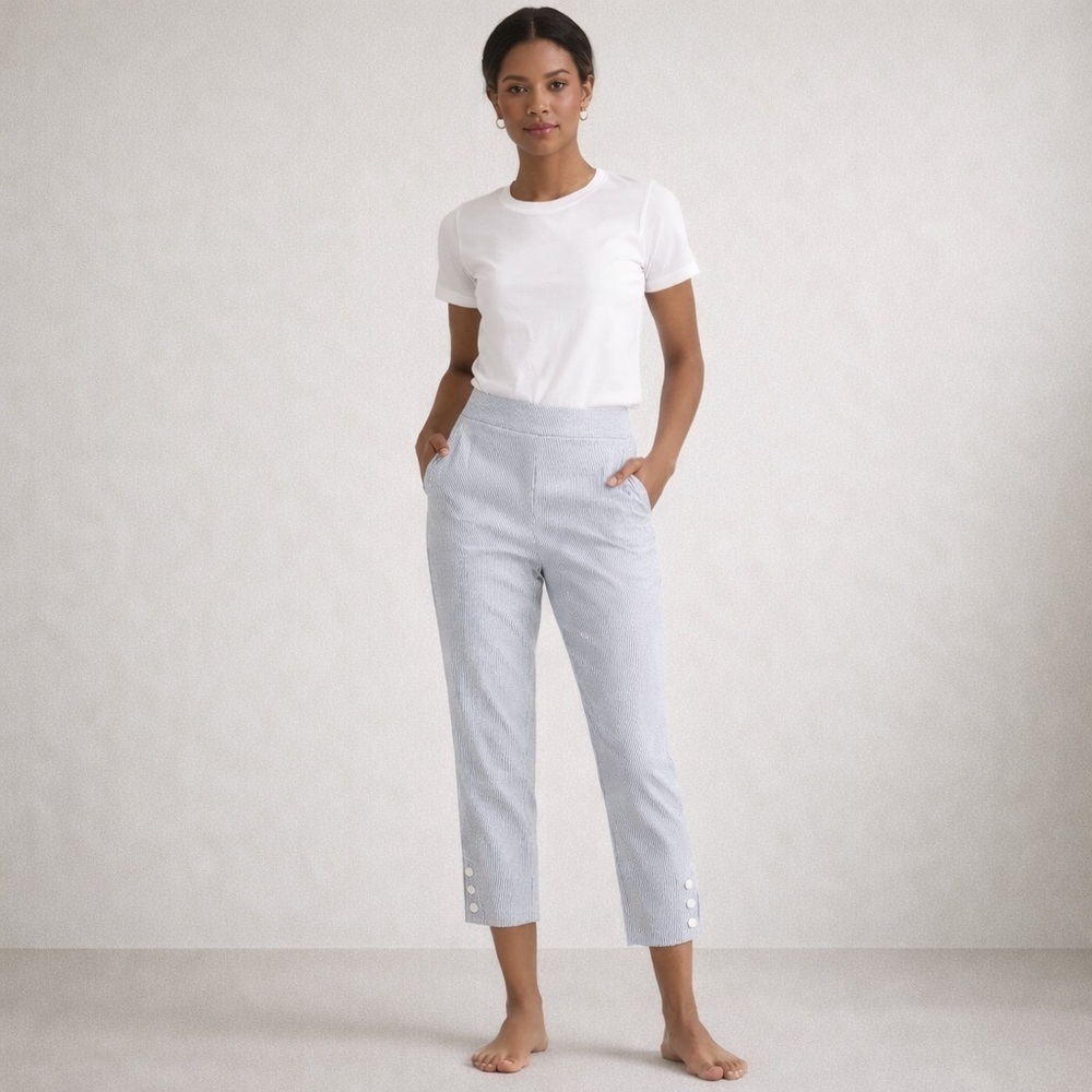 Chico’s Blue White Stripe Capri Pants Size 0 Button Hem Coastal Classic